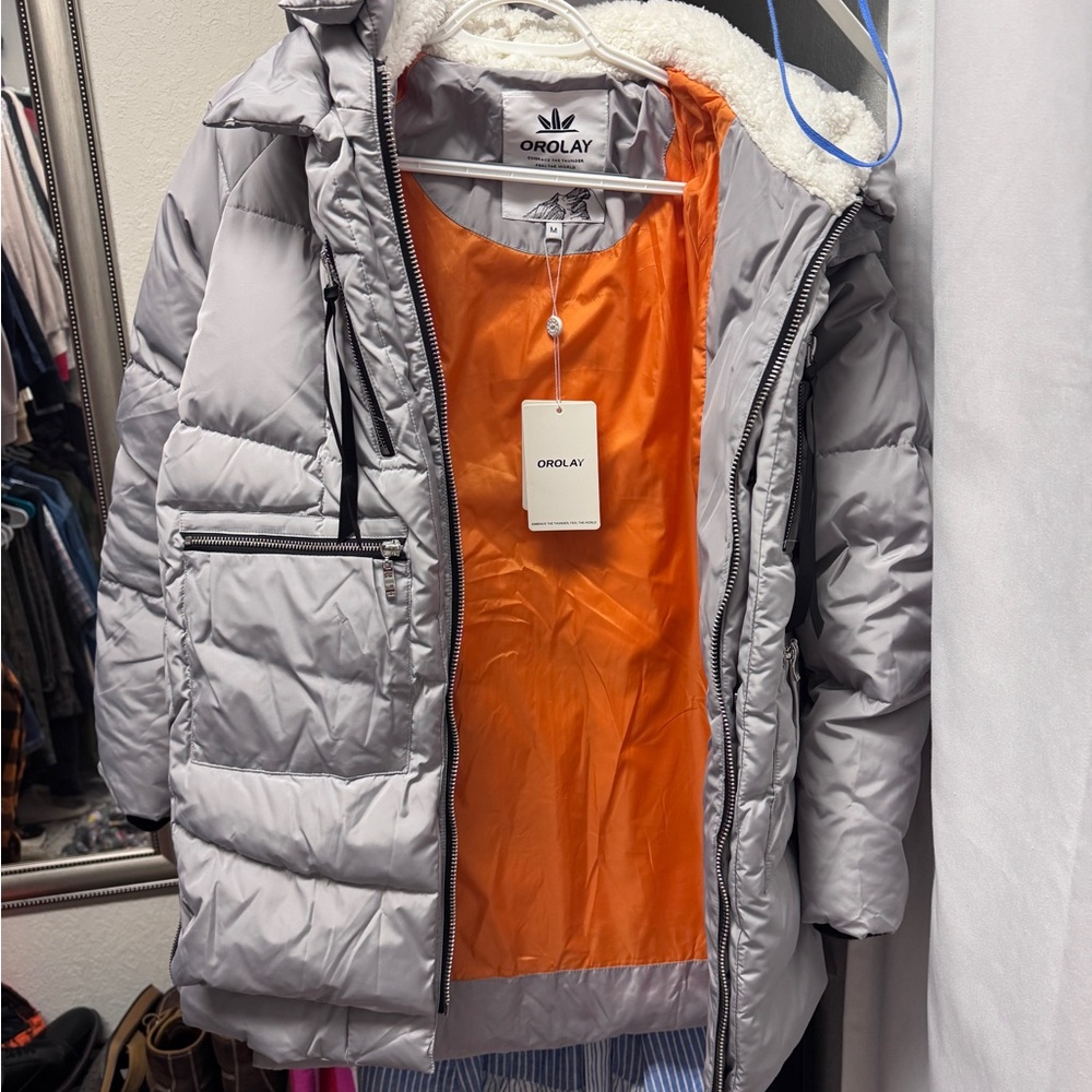 OLAY Women's Silver Puffer Jacket with Orange Lining